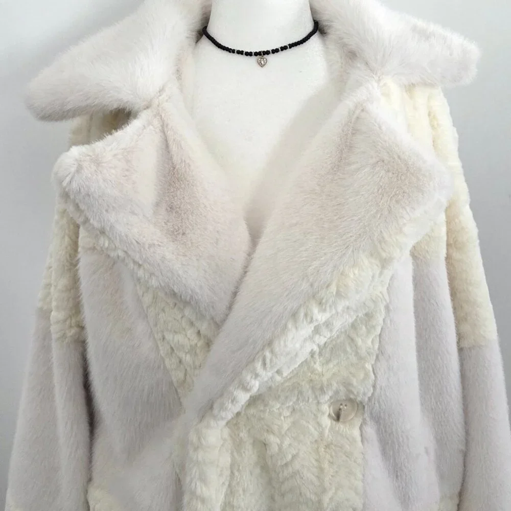 Forever 21‎ Cream Patchwork Faux Fur Coat Men's Large Mob Wife Winter Cozy White